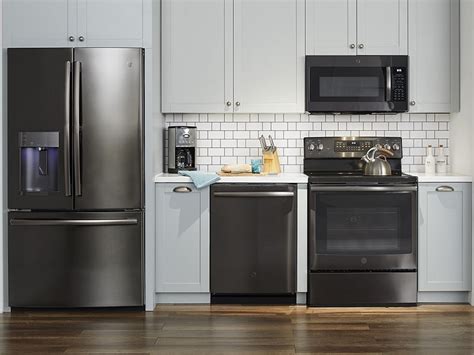 ge stainless steel appliances with dark cabinets|ge black stainless appliance package.